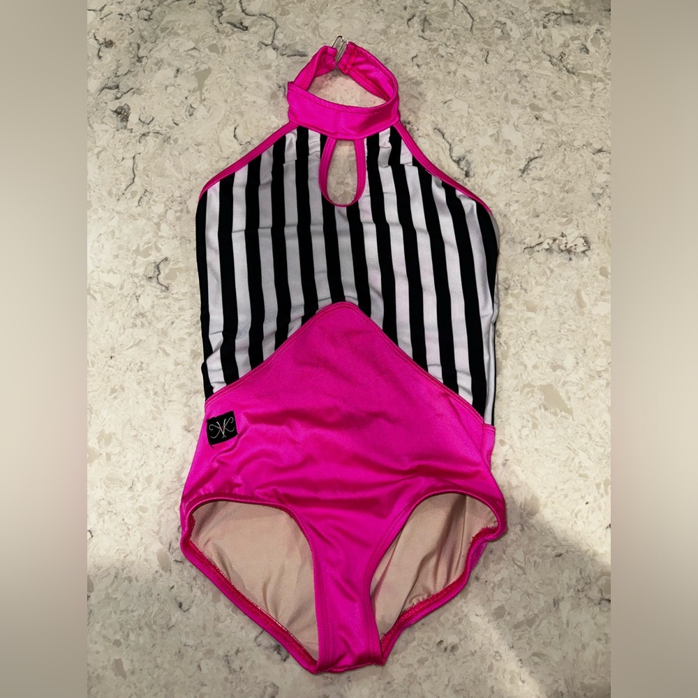 Pink and Black/white striped Kandi Kouture  Leotard YL